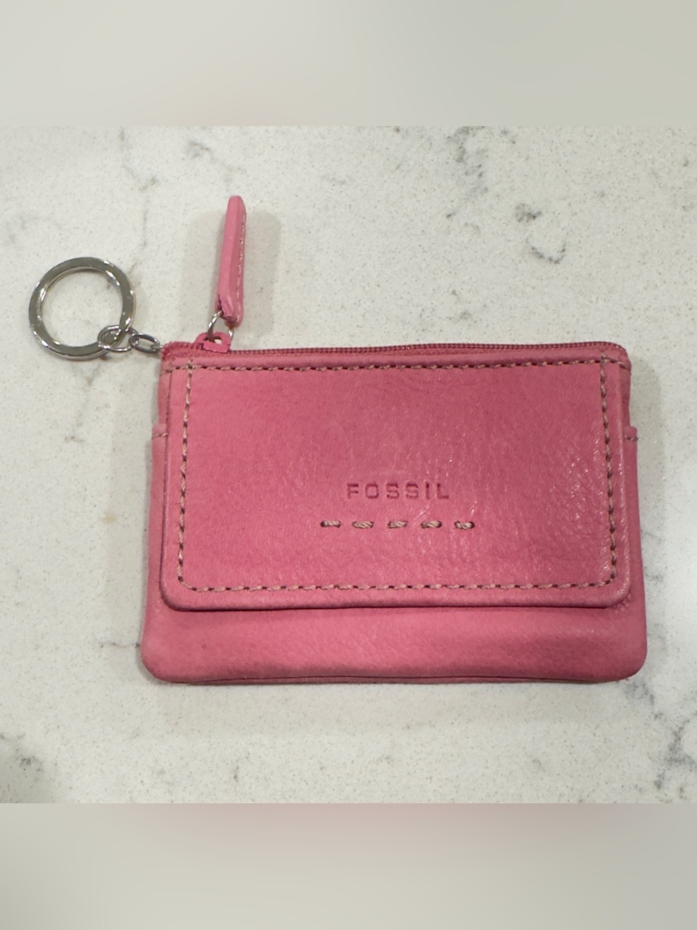 Vintage Fossil Pink Genuine Leather Card Holder Coin Pouch Keychain